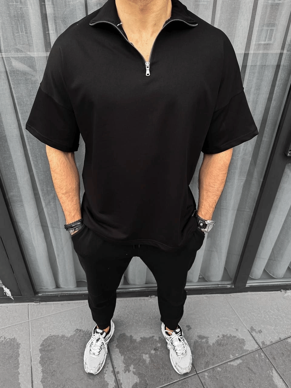 Erkek Yarım Fermuarlı Kısa kol T-Shirt - Siyah