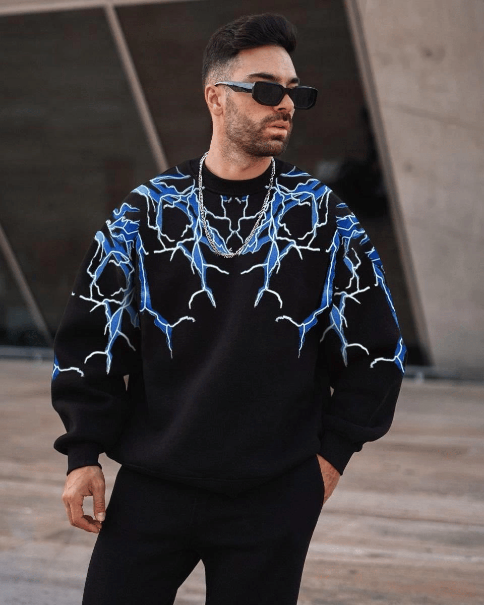 Erkek Yıldırım Baslılı Bisiklet Yaka 3 iplik pamuklu Sweatshirt - Siyah