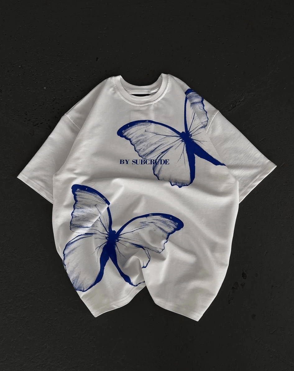 kadın  Bisiklet Yaka Baskılı Oversize T-Shirt - Beyaz