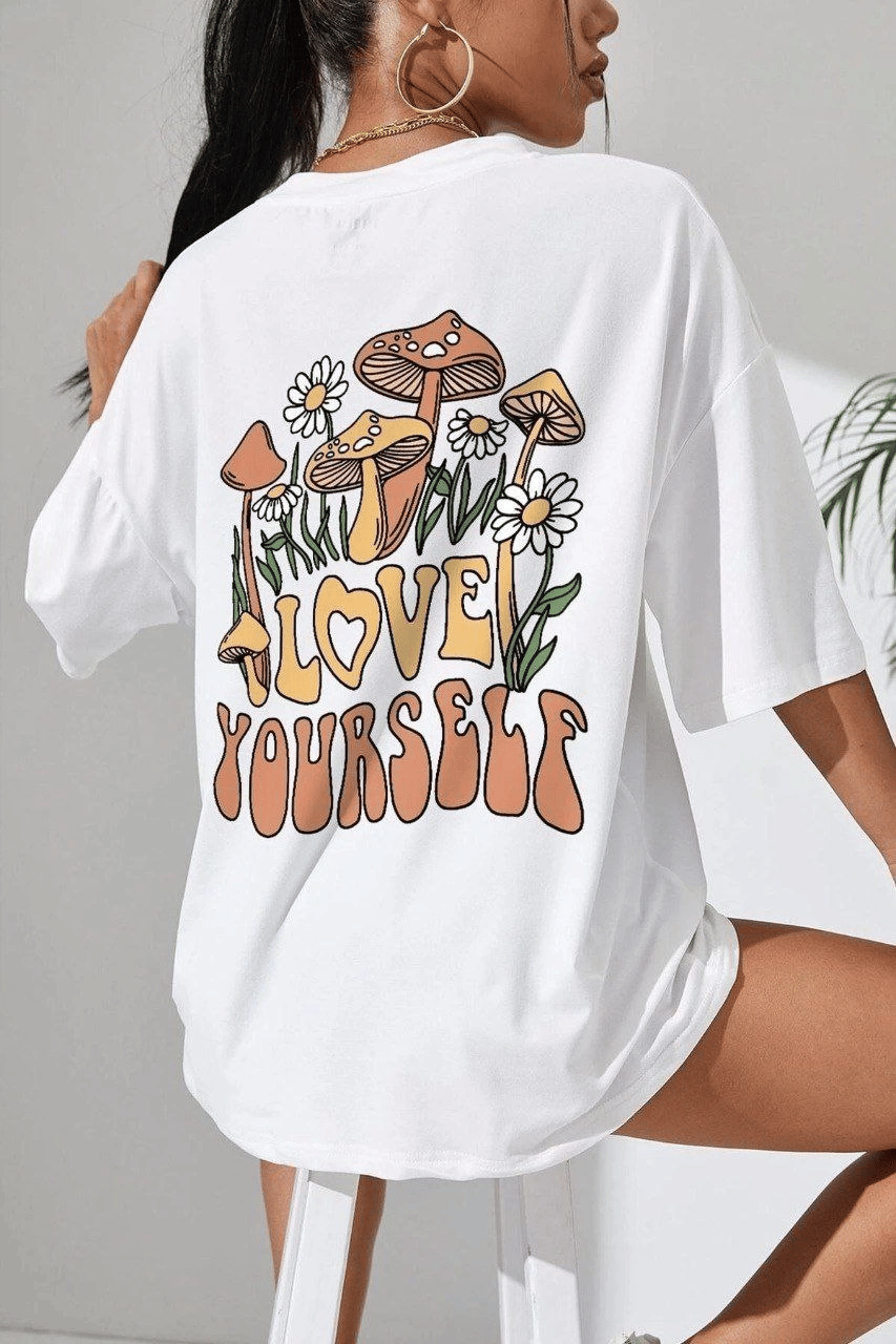 Kadın Baskılı Oversize kısa kol T-Shirt - Beyaz