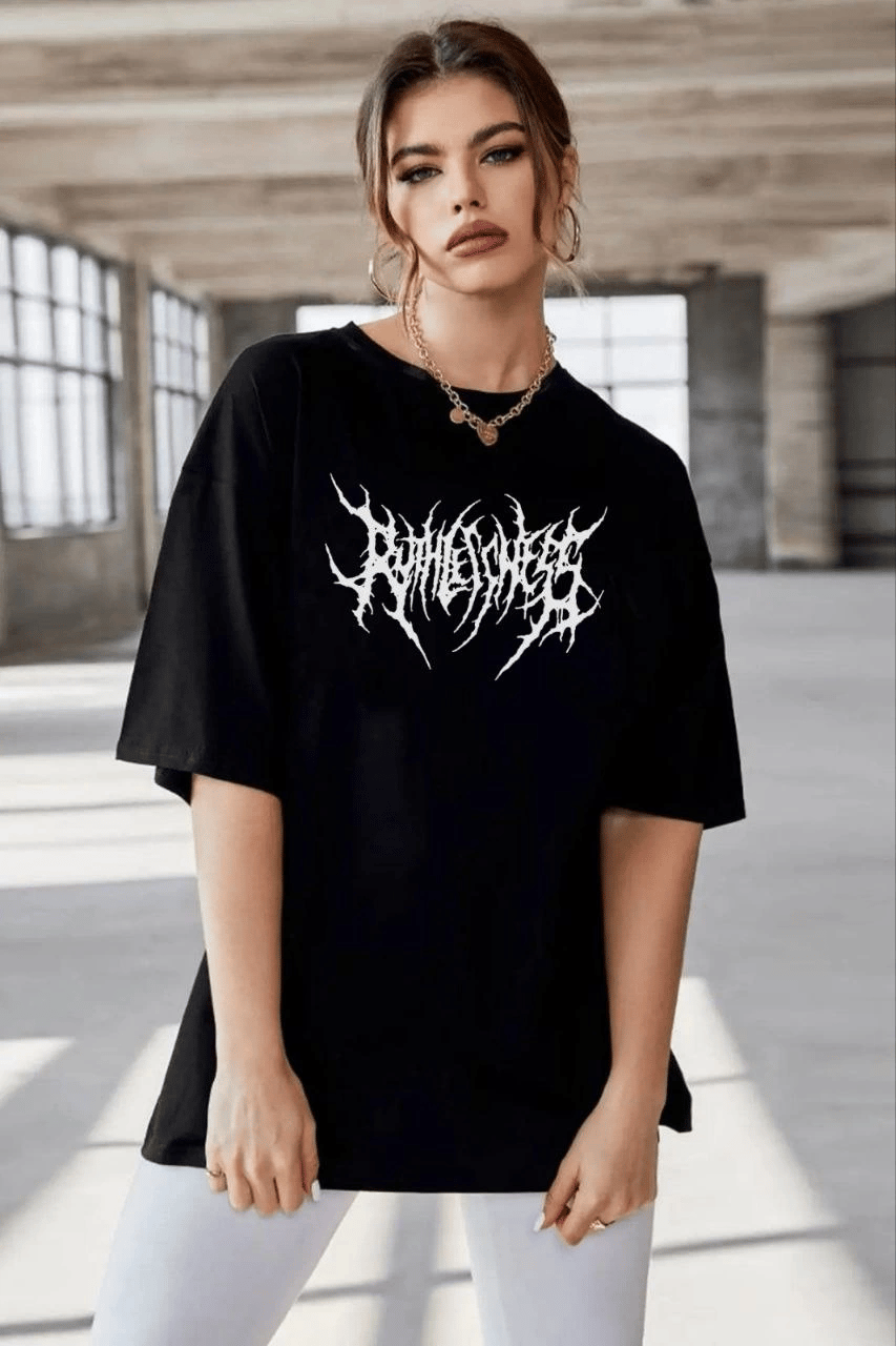 Kadın Baskılı T-Shirt Kısa Kol Bisiklet Yaka Oversize Rahat Kalıp Günlük Tişört   - Siyah
