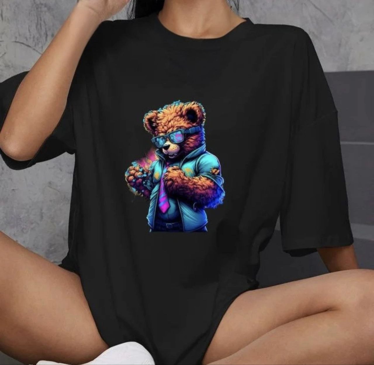 Kadın Baskılı T-Shirt Kısa Kol Bisiklet Yaka Oversize Rahat Kalıp Günlük Tişört   - Siyah