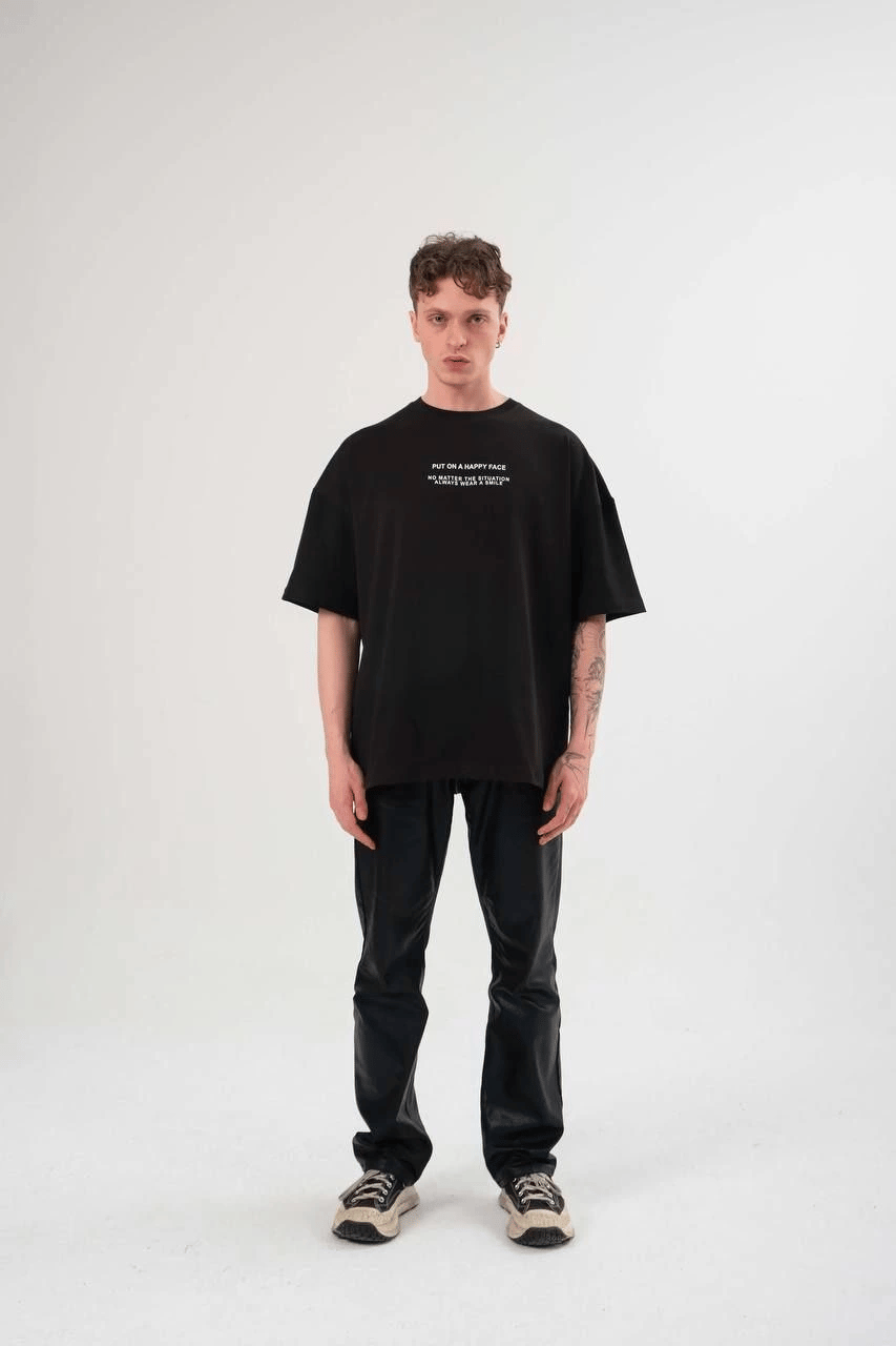 Kadın Baskılı T-Shirt Kısa Kol Bisiklet Yaka Oversize Rahat Kalıp Günlük Tişört   - Siyah
