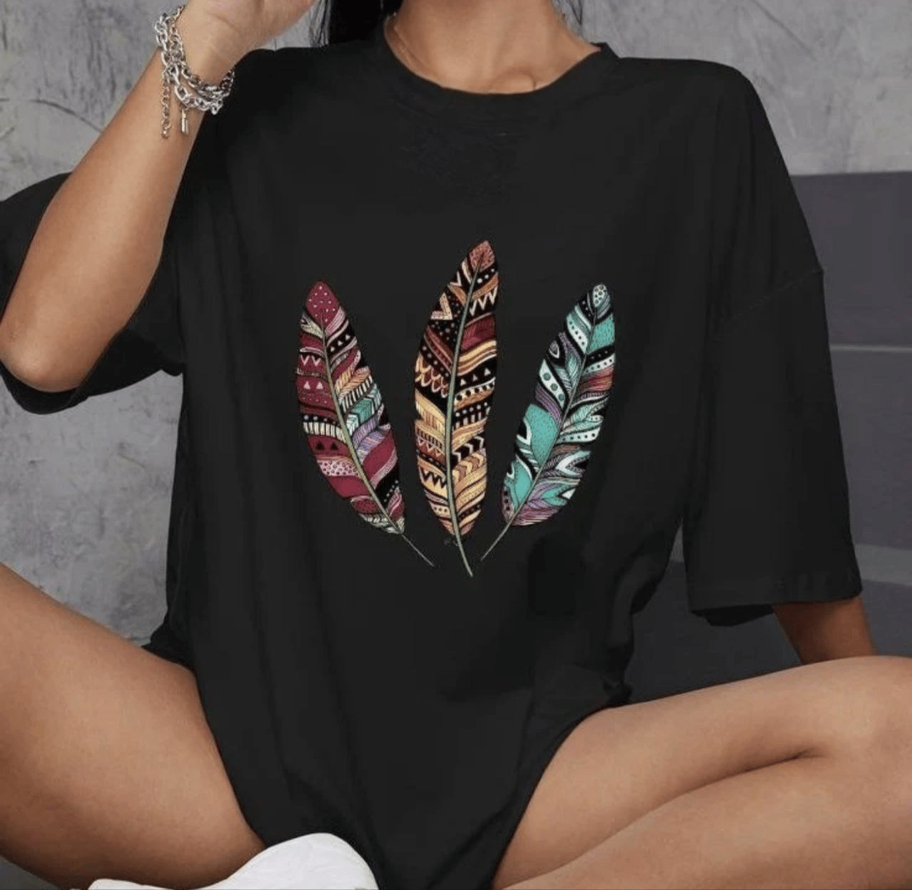 Kadın Baskılı T-Shirt Kısa Kol Bisiklet Yaka Oversize Rahat Kalıp Günlük Tişört   - Siyah