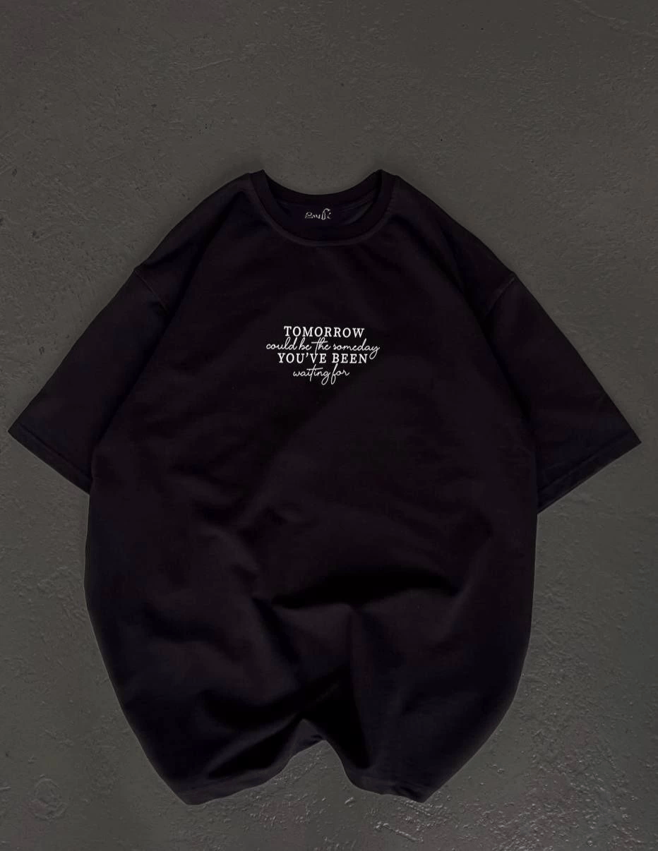Kadın Baskılı T-Shirt Kısa Kol Bisiklet Yaka Oversize Rahat Kalıp Günlük Tişört   - Siyah