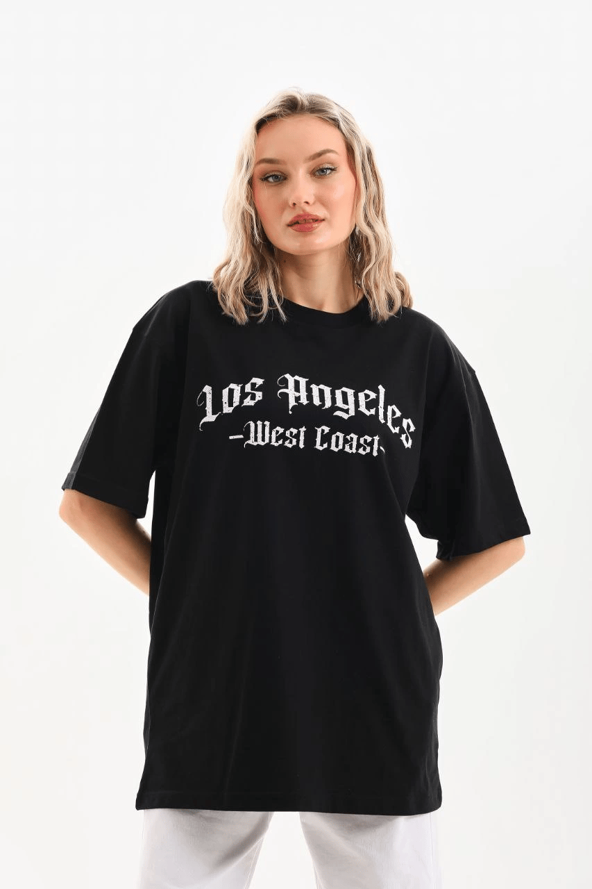 Kadın Baskılı Tişört Kısa Kol Bisiklet Yaka Oversize T-Shirt - Siyah