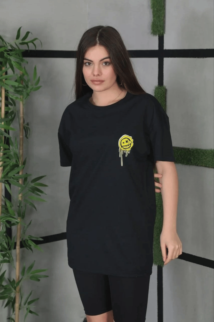 Kadın Bisiklet Yaka Baskılı  Kısa kol Oversize T-Shirt - Siyah