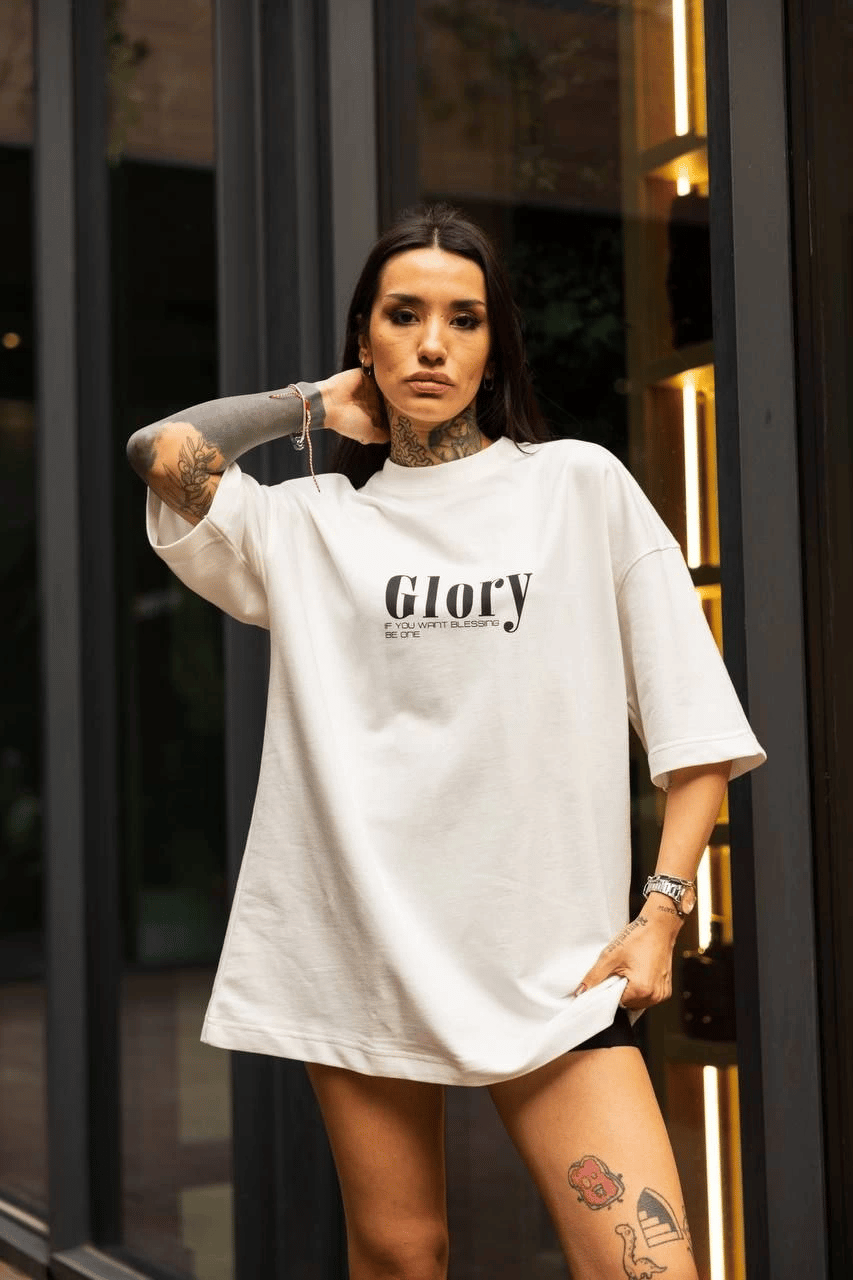 kadın Bisiklet Yaka Baskılı Oversize  Kısa kol T-Shirt - Beyaz