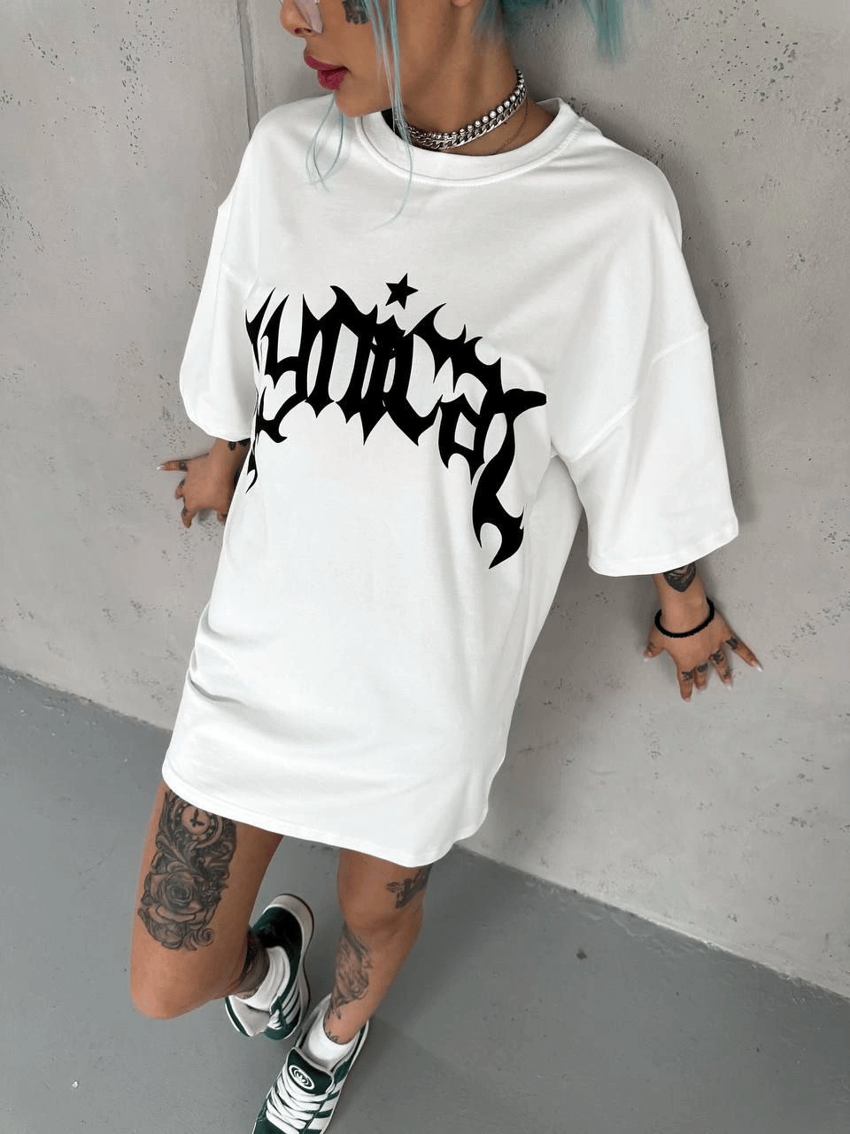 kadın Bisiklet Yaka Baskılı Oversize  Kısa kol T-Shirt - Beyaz