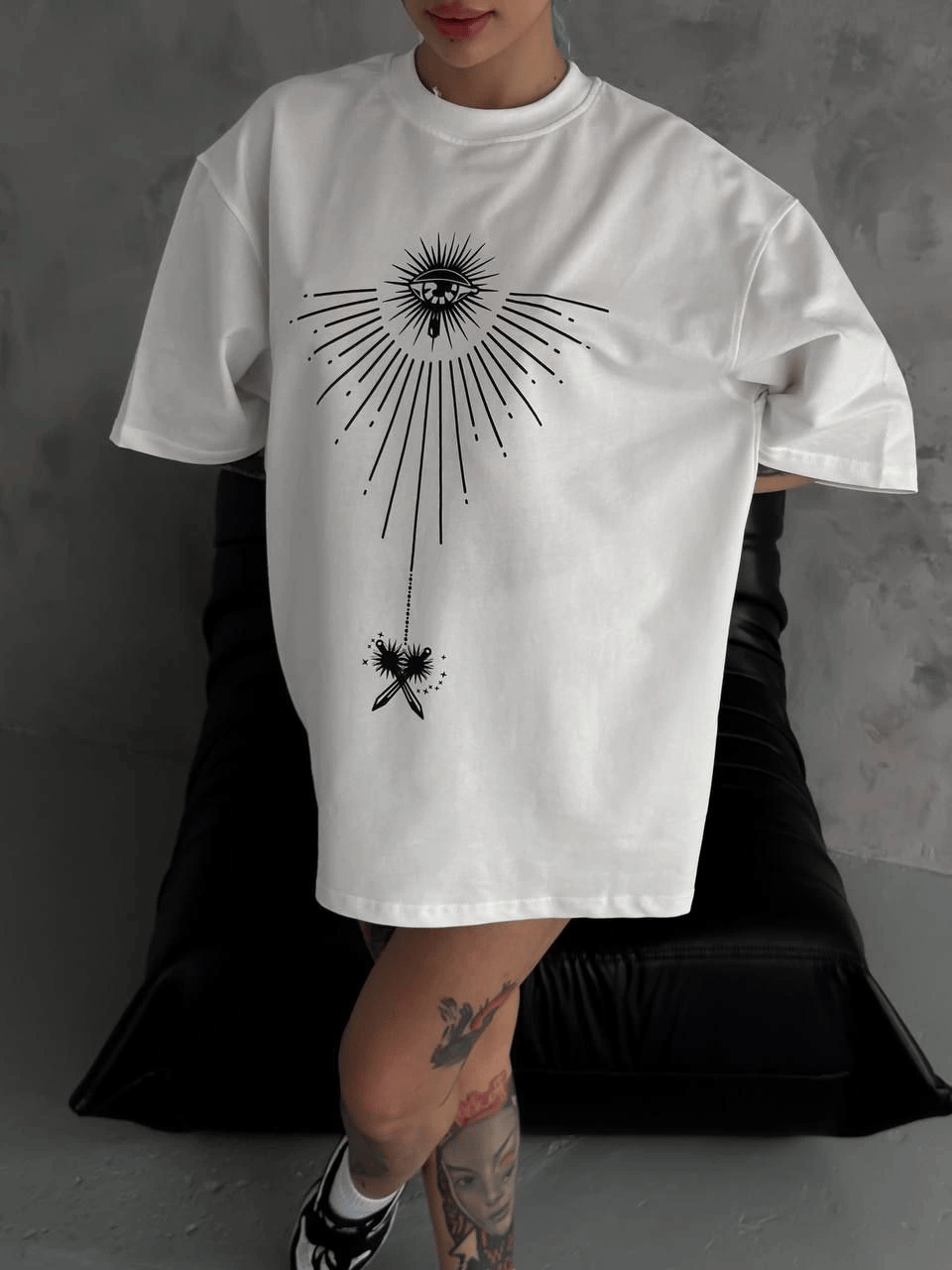 kadın Bisiklet Yaka Baskılı Oversize  Kısa kol T-Shirt - Beyaz