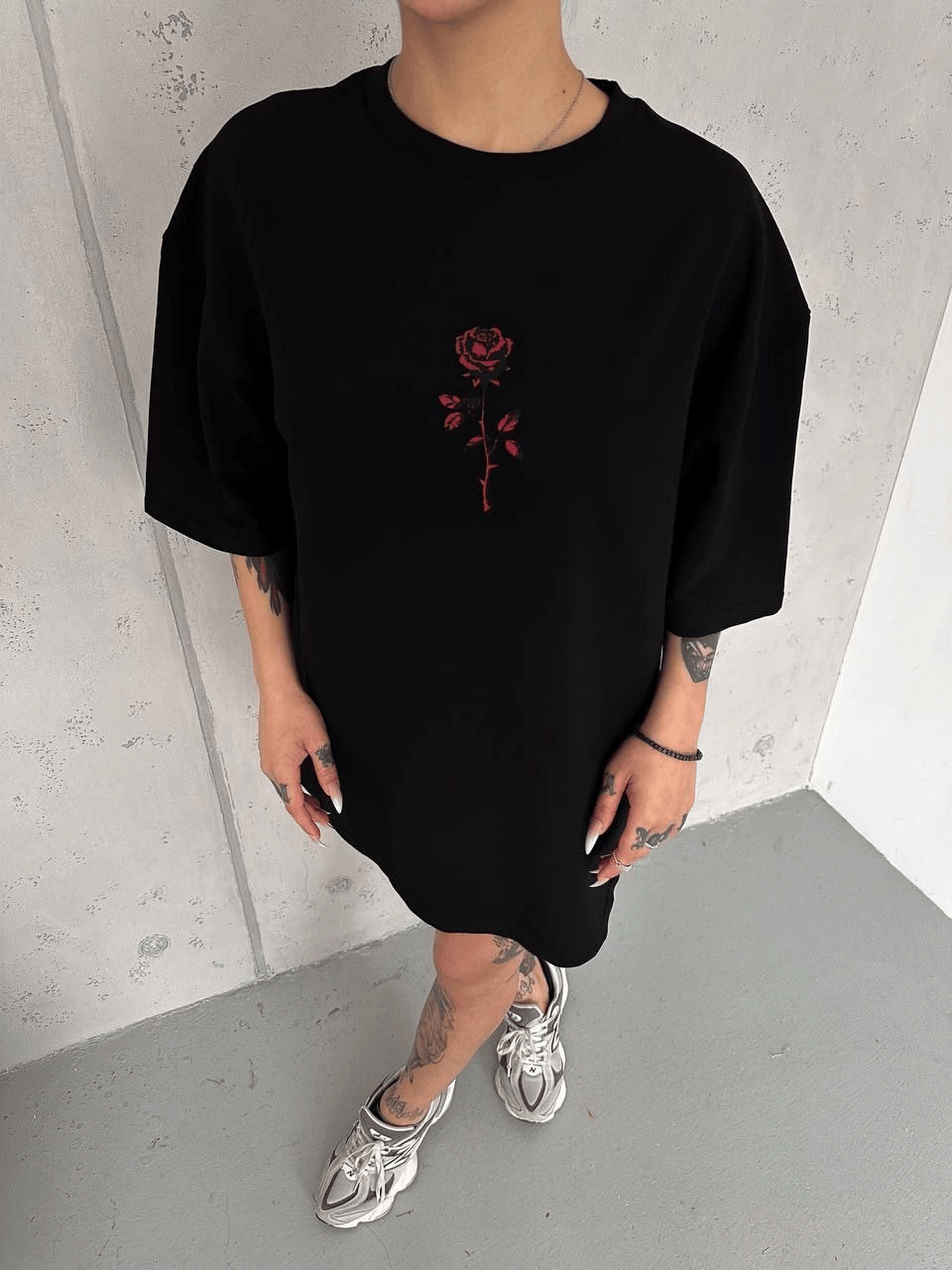 kadın Bisiklet Yaka Baskılı Oversize  Kısa kol T-Shirt - Siyah