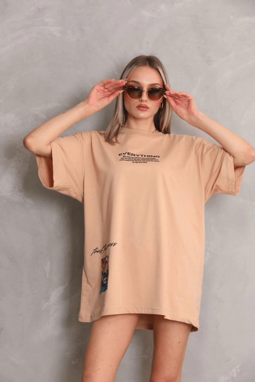 kadın Bisiklet Yaka Baskılı Oversize Kısa kol T-Shirt - Bej