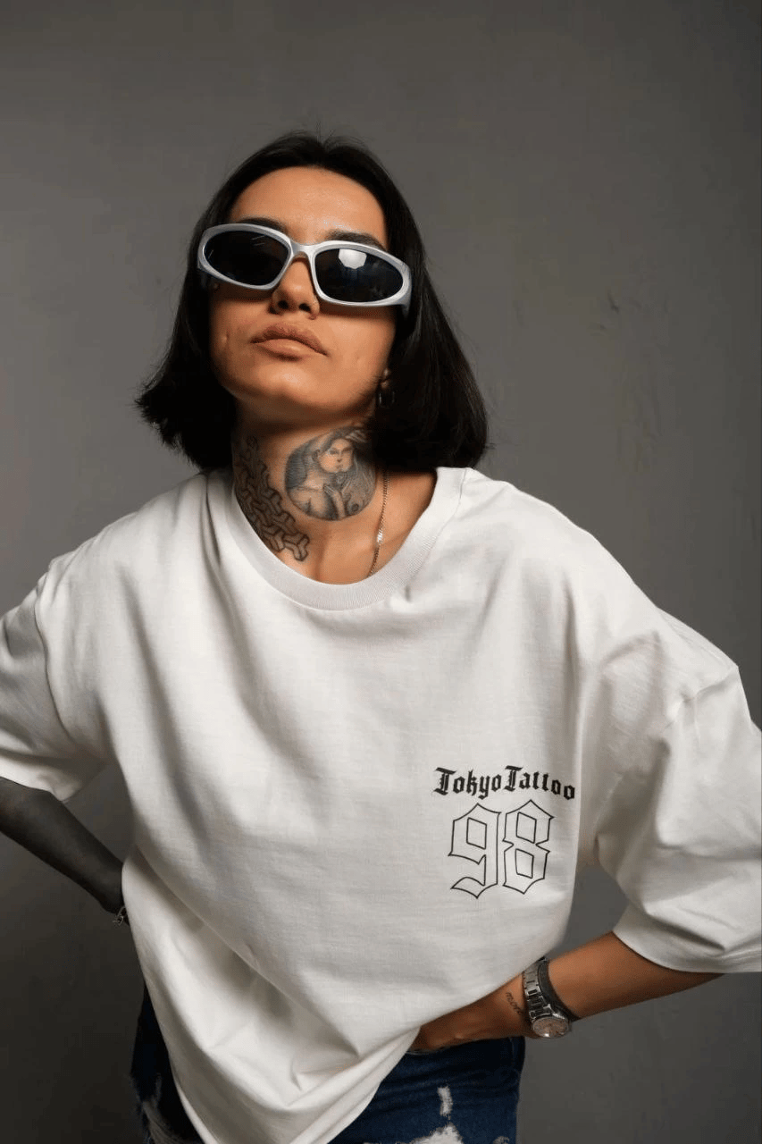 kadın Bisiklet Yaka Baskılı Oversize Kısa kol  T-Shirt - Beyaz