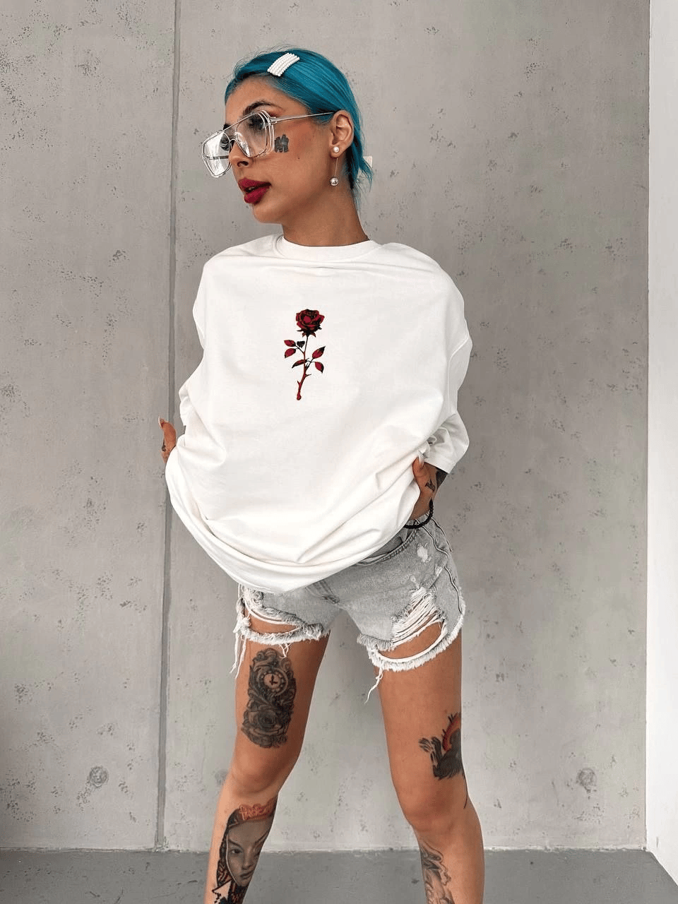 kadın Bisiklet Yaka Baskılı Oversize Kısa kol  T-Shirt - Beyaz