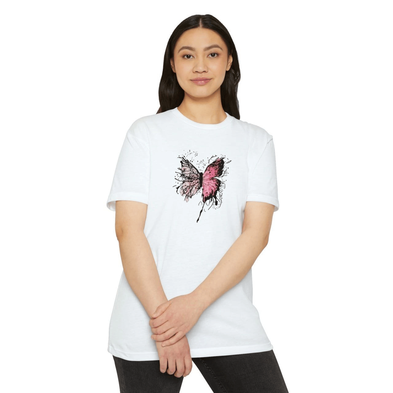 Kadın Bisiklet Yaka kelebek Baskılı Kısa kol  T-Shirt - Beyaz