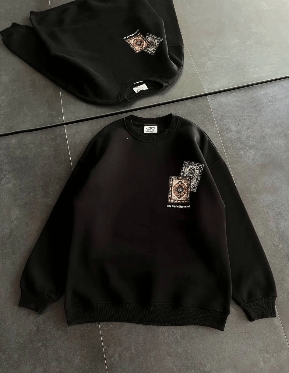 Kadın Bisiklet Yaka Kilim Halı Baskılı 3 İplik Pamuklu Sweatshirt - Siyah