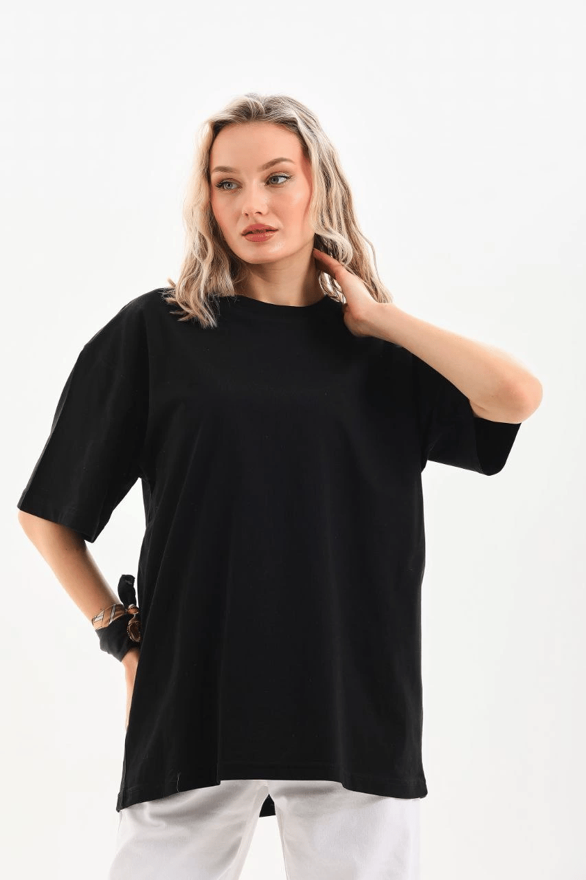 Kadın Düz  Kısa kol Penye T-shirt - Siyah