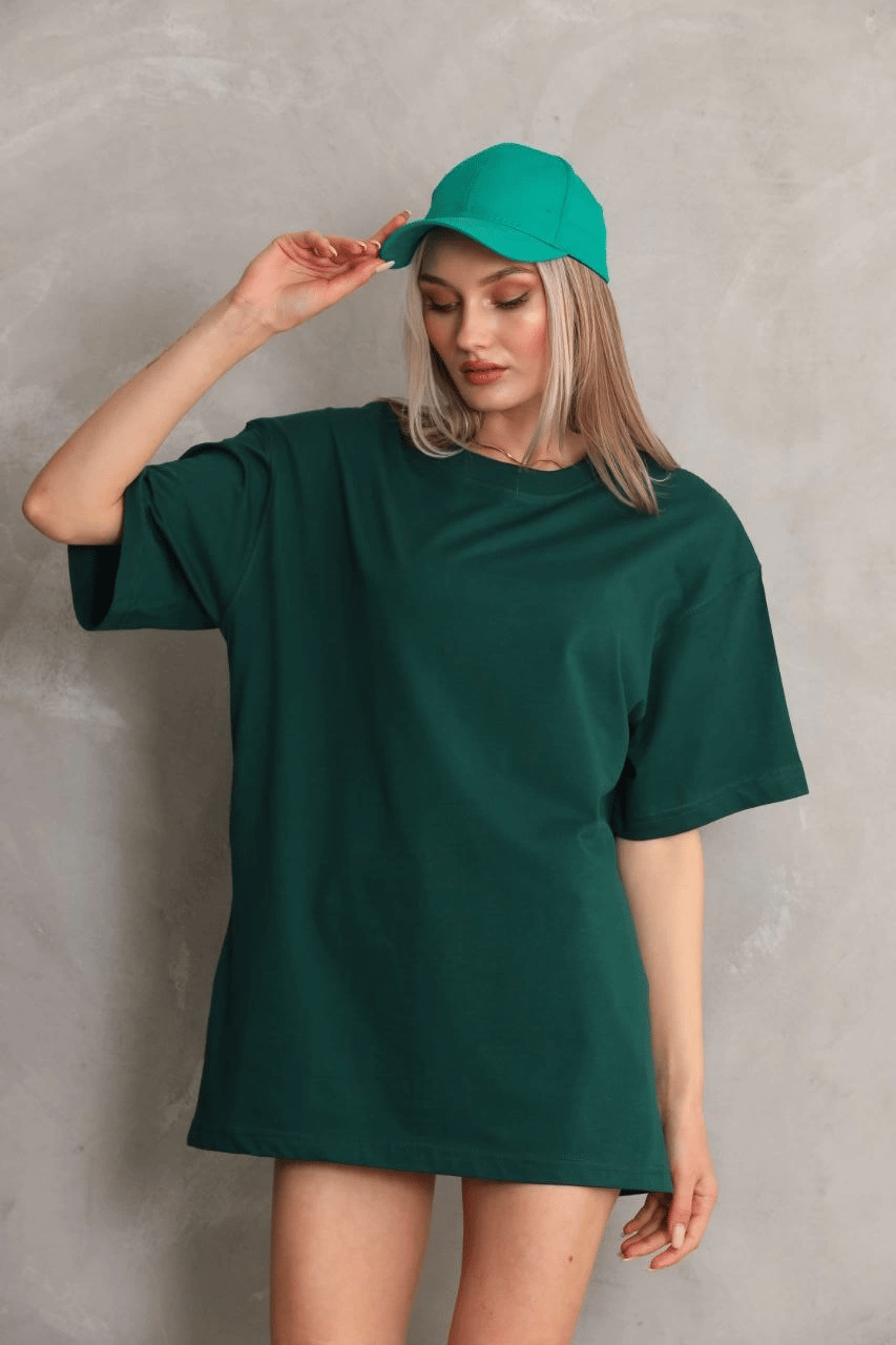 Kadın Düz  Kısa kol Penye T-shirt- Yeşil