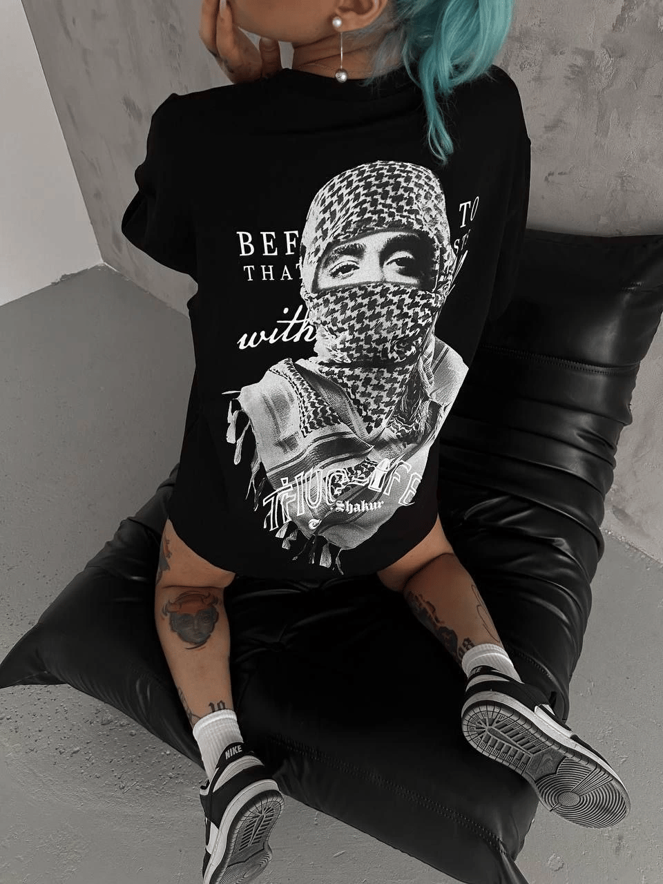 Kadın Kısa Kol Tişört Bisiklet Yaka Filistin Poşülü Baskılı T-Shirt - Siyah