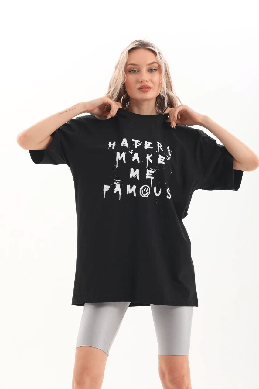 Kadın Kısa Kol Yazlık Tişört Bisiklet Yaka Baskılı Oversize T-Shirt - Siyah