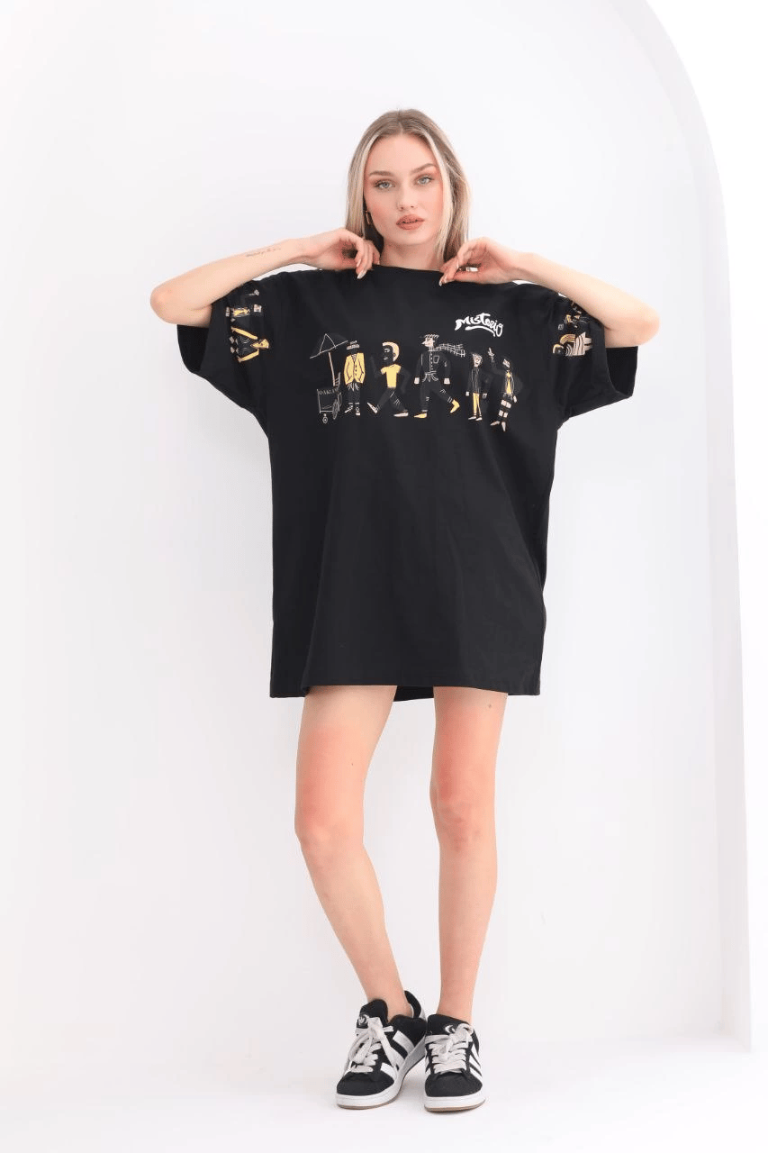 Kadın Kısa Kol Yazlık Tişört Bisiklet Yaka Baskılı Oversize T-Shirt - Siyah