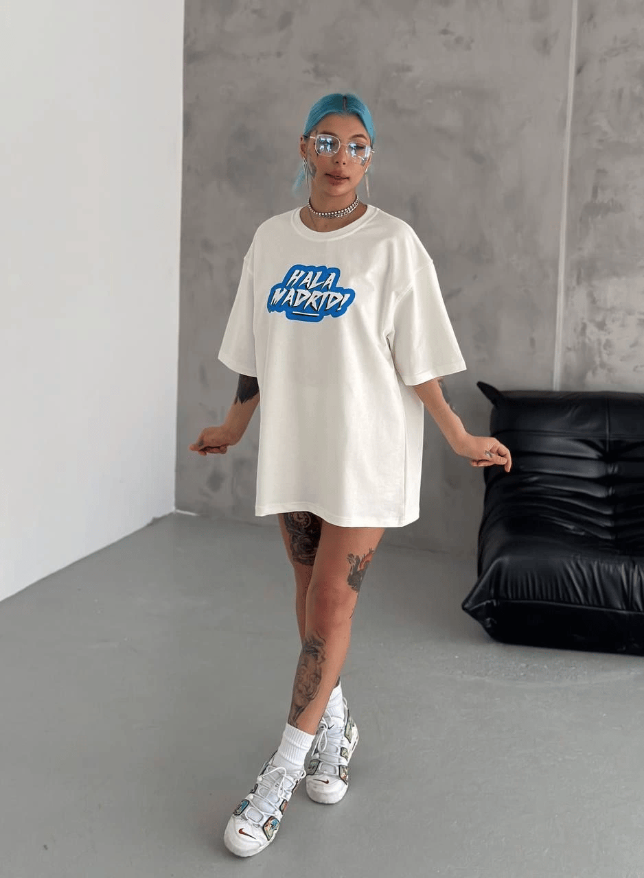 Kadın Kısa Kol Yazlık Tişört Bisiklet Yaka Baskılı Oversize T-Shirt - Beyaz