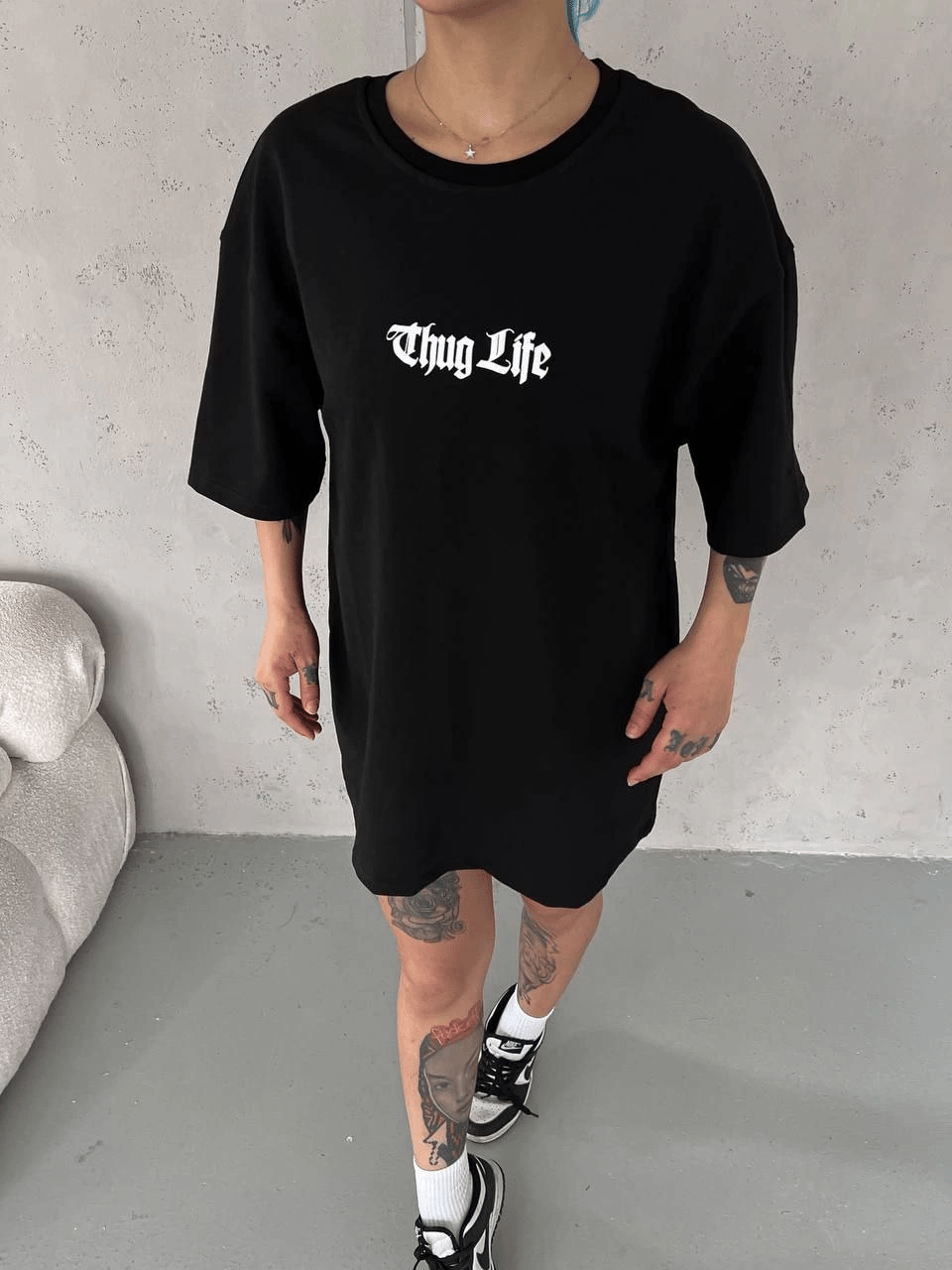 Kadın Kısa Kol Yazlık Tişört Bisiklet Yaka Baskılı Oversize T-Shirt -  Siyah