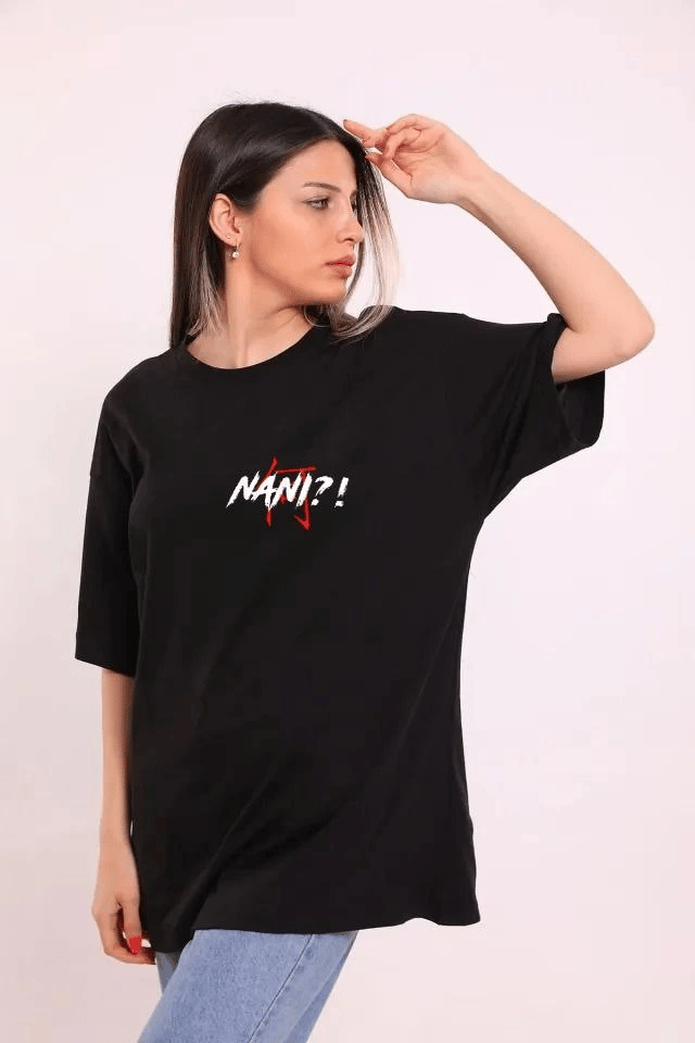 Kadın Kısa Kol Yazlık Tişört Bisiklet Yaka Baskılı Oversize T-Shirt - Siyah