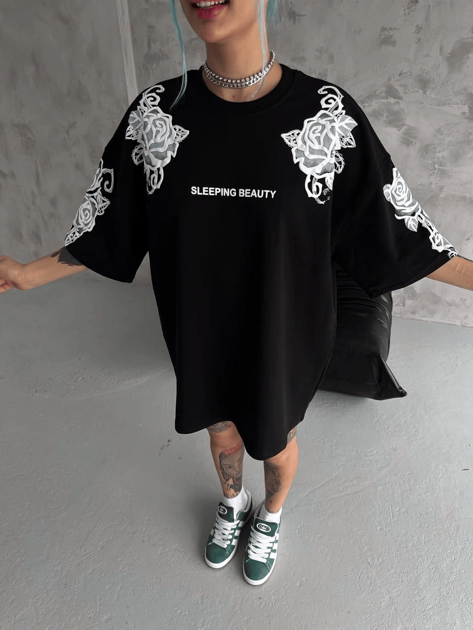 Kadın Kısa Kol Yazlık Tişört Bisiklet Yaka Baskılı Oversize T-Shirt - Siyah