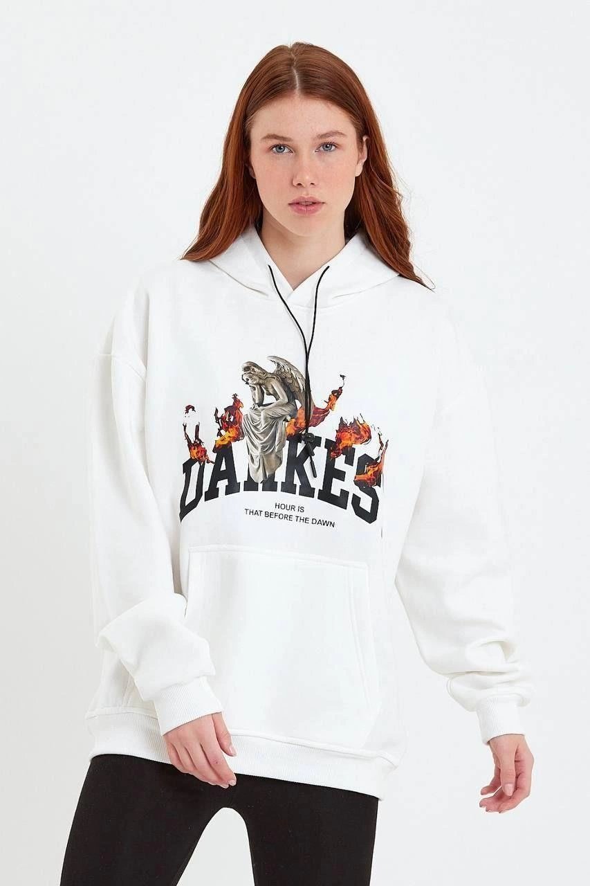 Kadın Oversize Kapüşonlu Cepli Baskılı 3 İplik Pamuklu Hoodie Sweatshirt - Beyaz