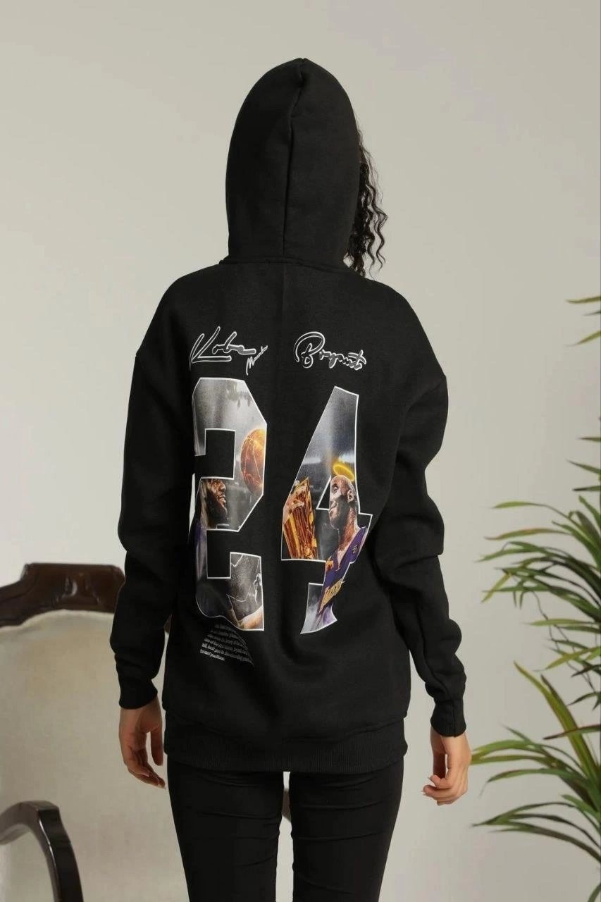 Kadın Oversize Kapüşonlu Cepli Baskılı 3 İplik Pamuklu Hoodie Sweatshirt - Siyah