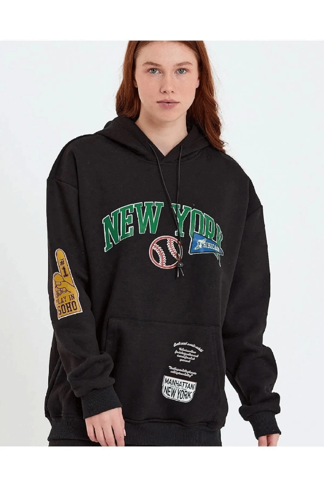 Kadın Oversize Kapüşonlu Cepli Ön Kol Baskılı 3 İplik Pamuklu Hoodie Sweatshirt - Siyah