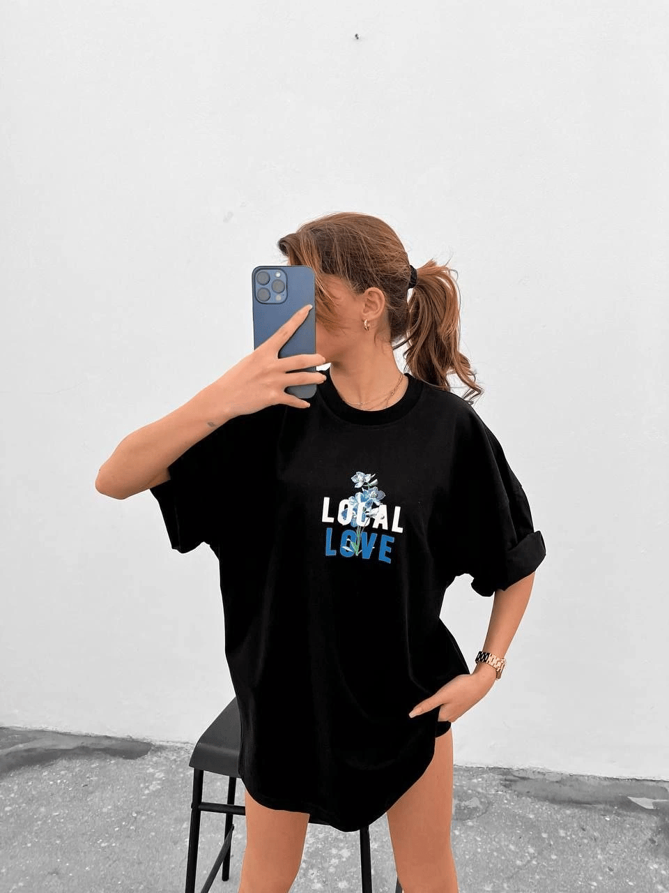 Kadın Tişort Bisiklet Yaka Baskılı Kısa kol Oversize T-Shirt - Siyah