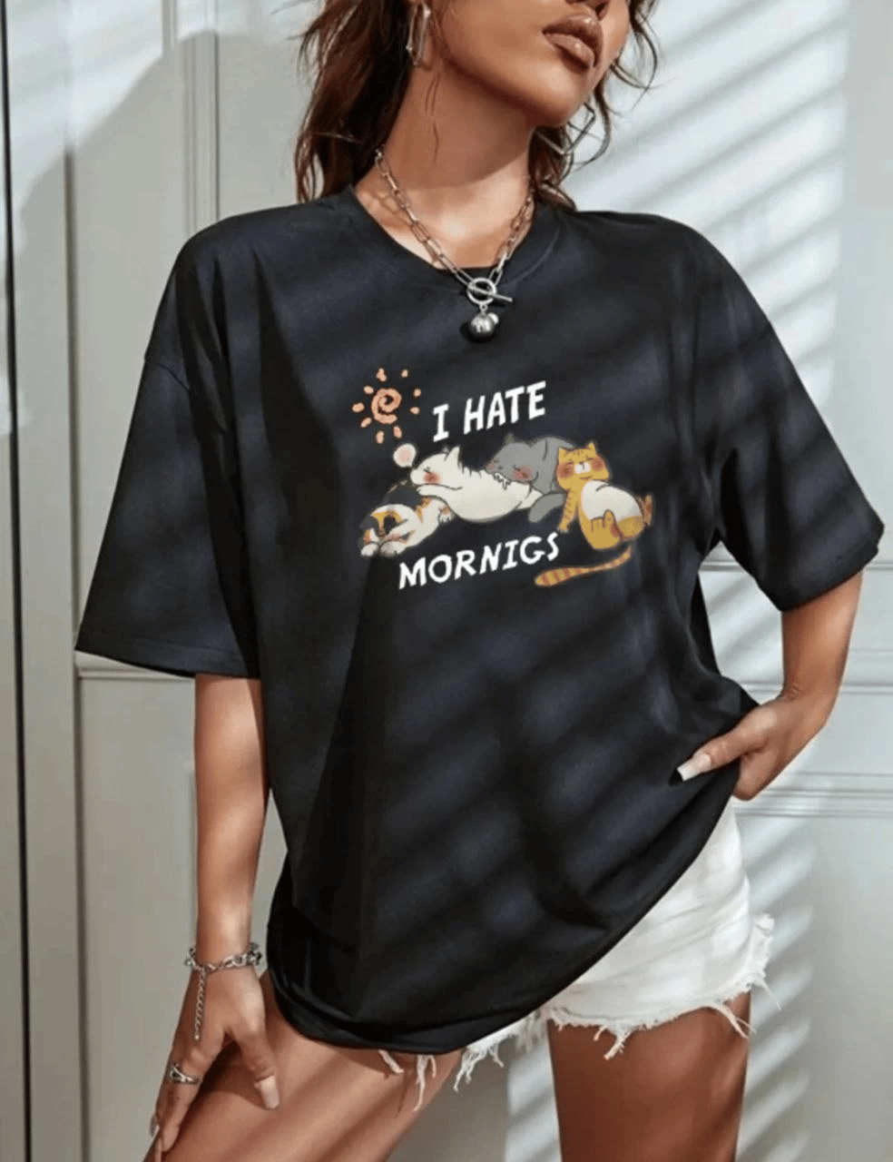 Kadın Tişört Bisiklet Yaka Baskılı Oversize T-Shirt - Siyah