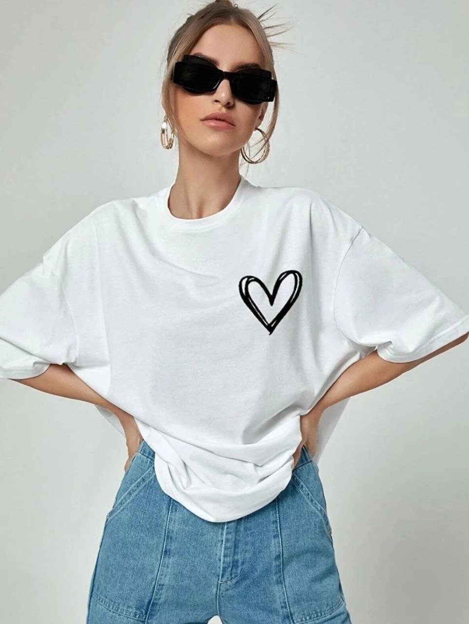 Kadın Tişört Bisiklet Yaka Baskılı Oversize T-Shirt - Beyaz