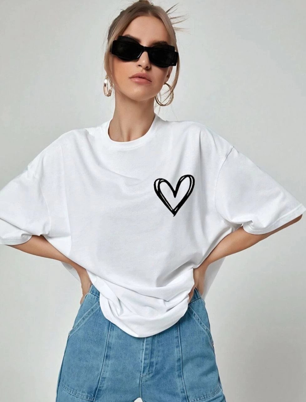 Kadın Tişort Kalp Baskılı Bisiklet yaka Kısa kol T-Shirt - Beyaz