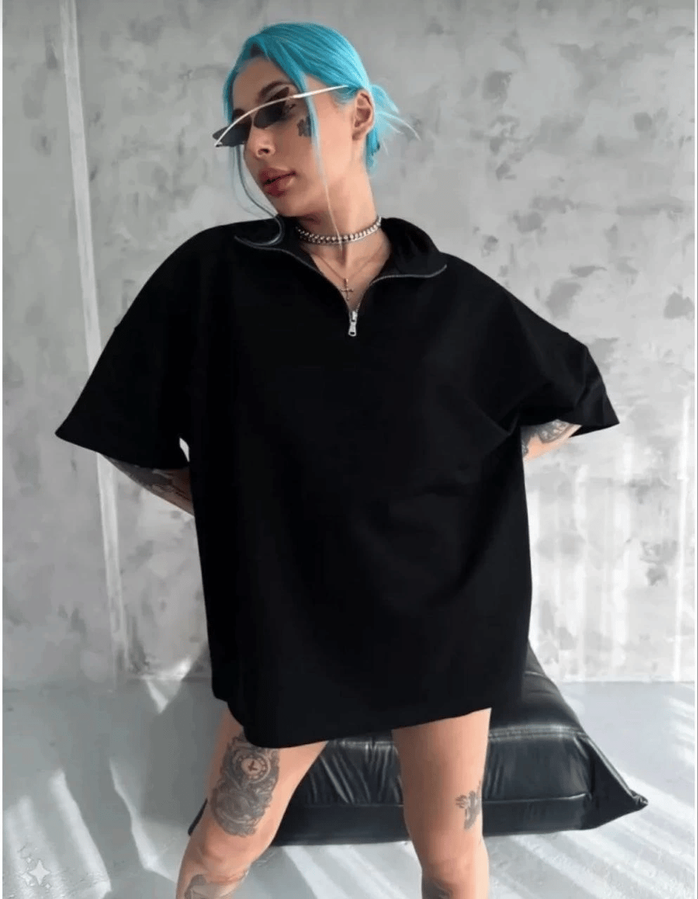 Kadın Yarım Fermuarlı Tişört Düz Oversize T-Shirt - Siyah