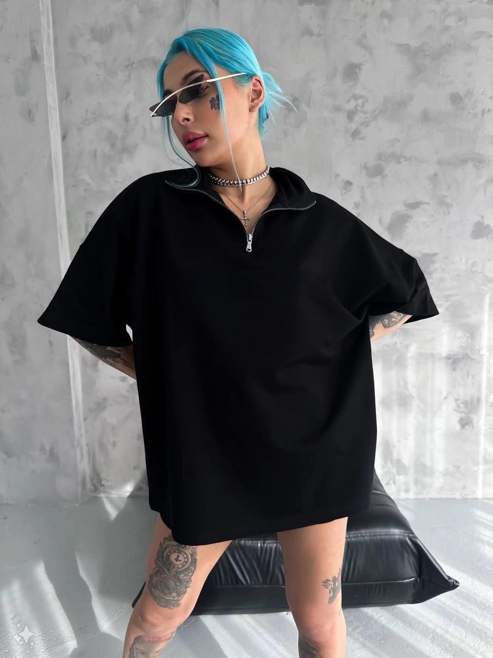Kadın Yarım Fermuarlı Tişört Kısa kol T-Shirt - Siyah