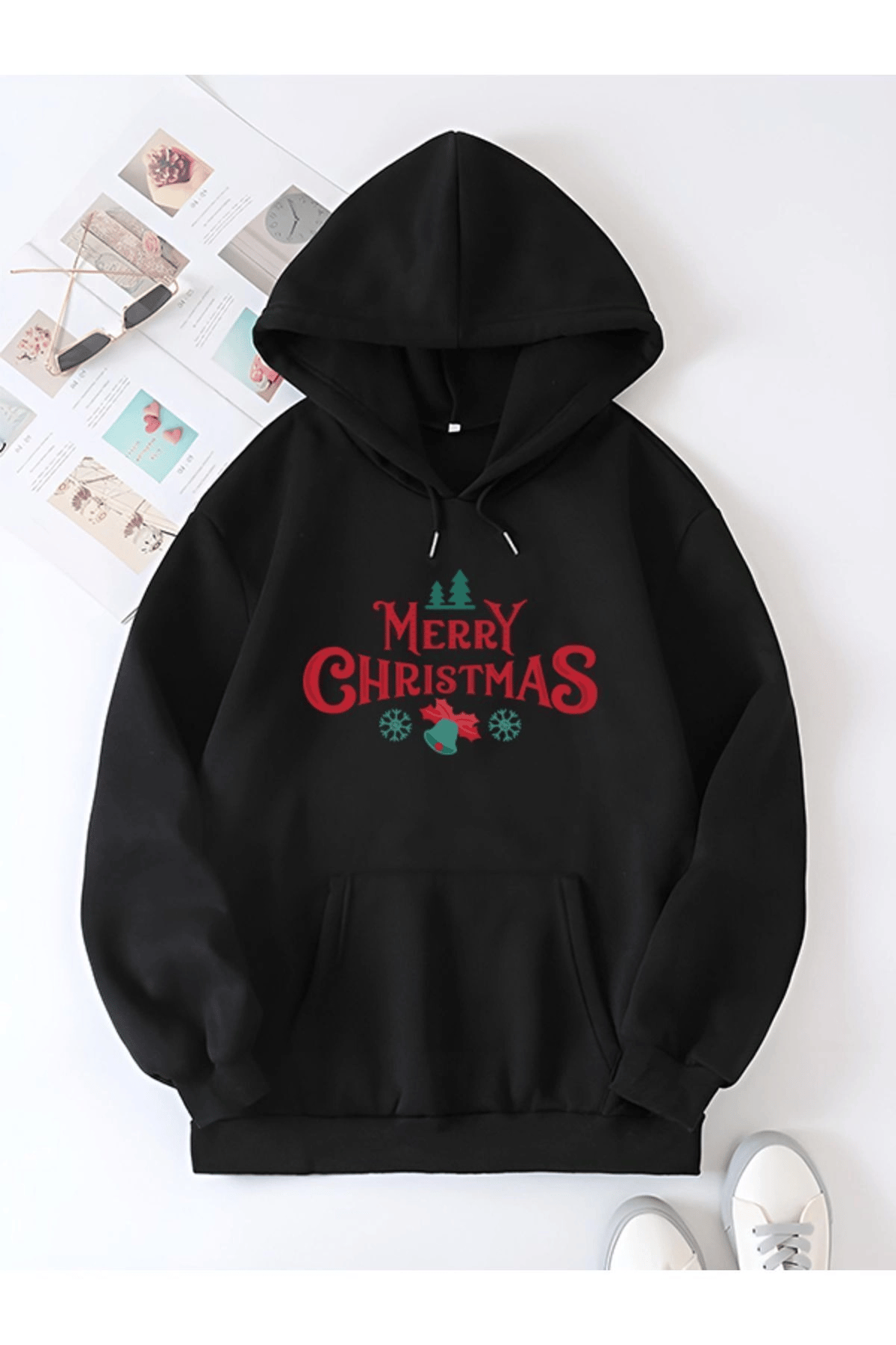 Yılbaşı Merry Christmas Baskılı Oversize Kapüşonlu Sweatshirt Hoodie - Siyah