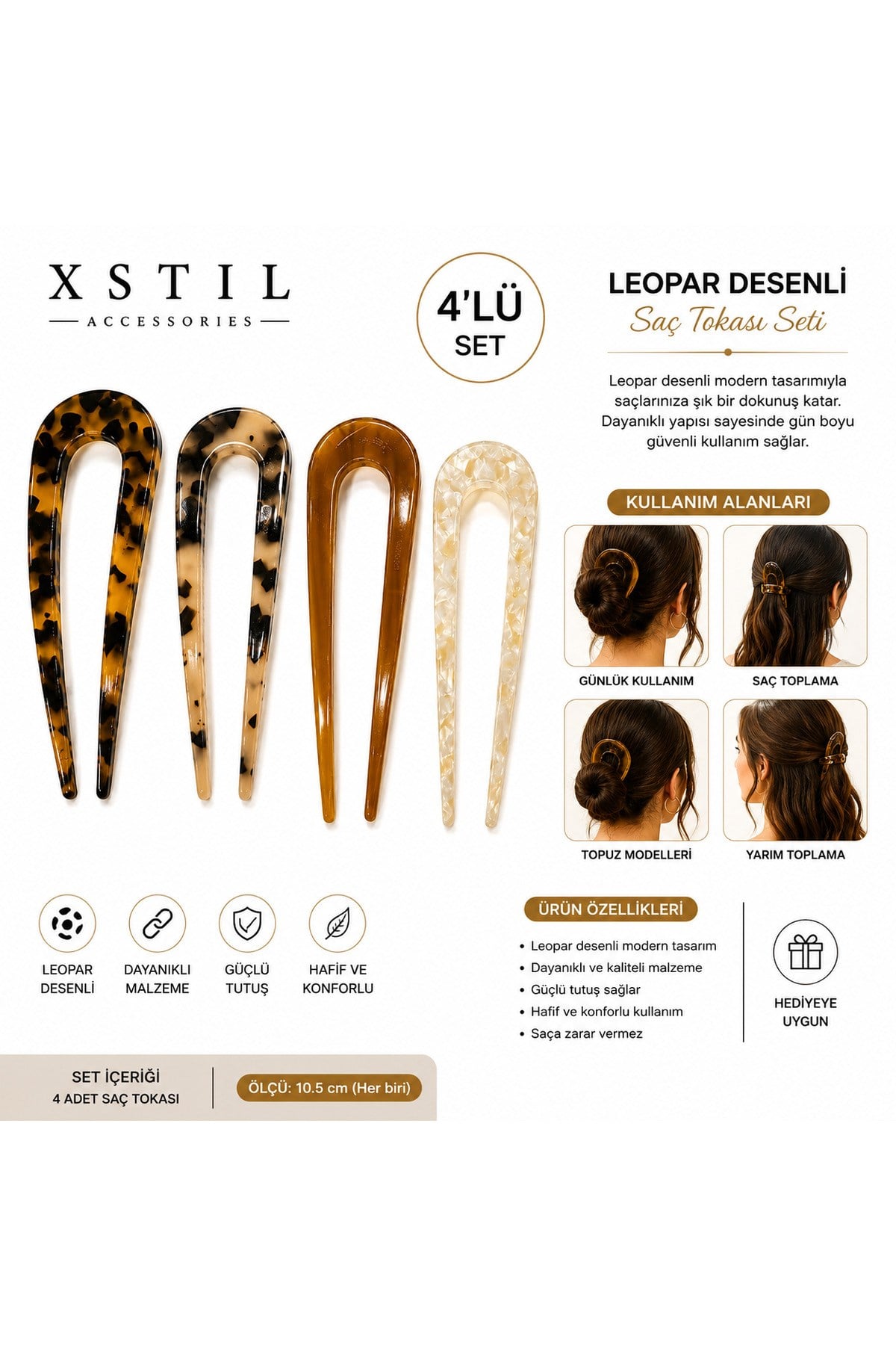 XSTIL Kadın 4’lü Leopar Desenli Kemik Saç Tokası Seti