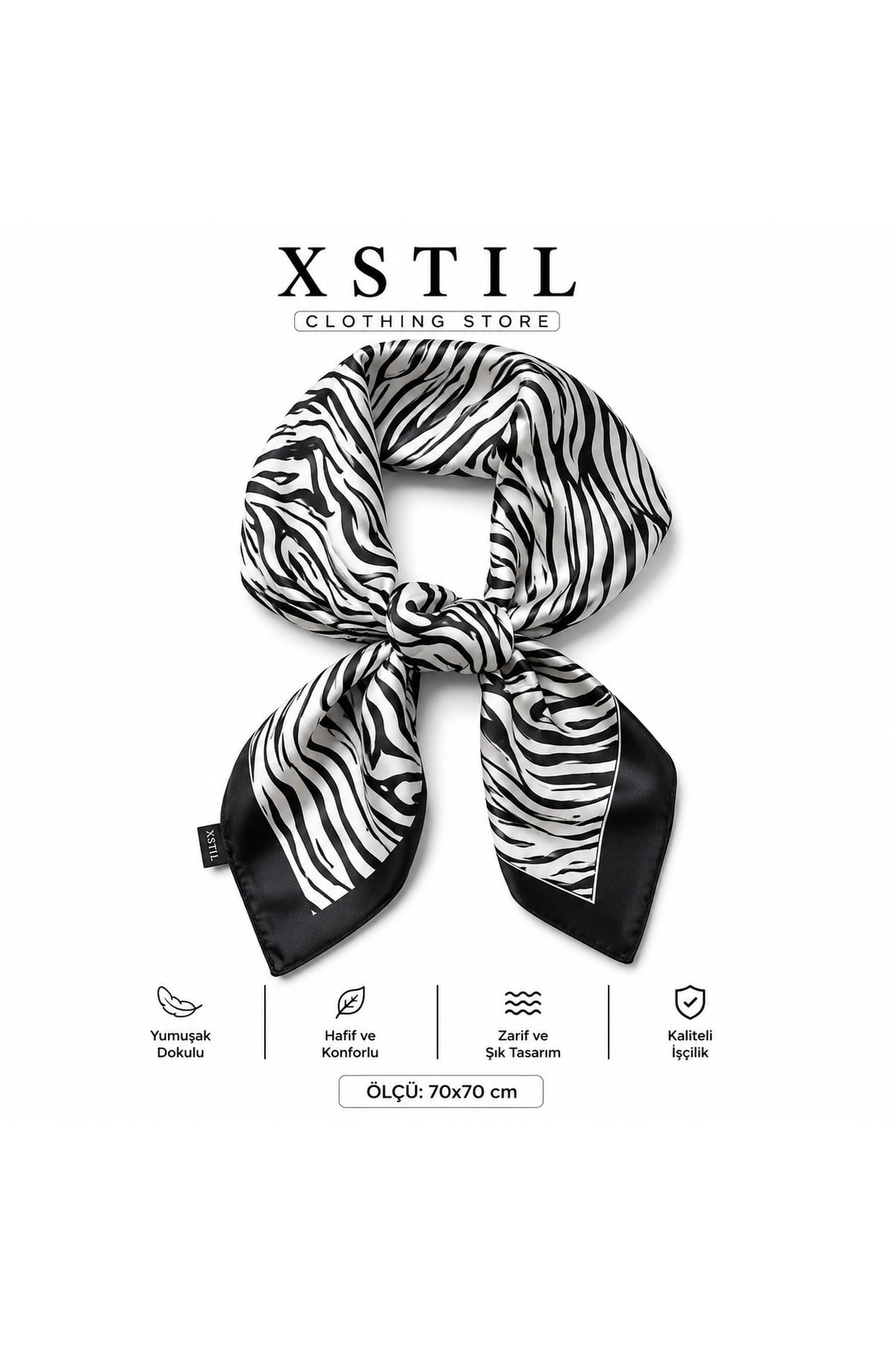 XSTIL Kadın Zebra Desenli Saten Fular Şal Çanta ve Saç Aksesuarı