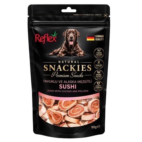 Reflex Snackies Natural Tavuklu ve Alaska Mezgitli Sushi Tahılsız Köpek Ödül Maması 90 gr