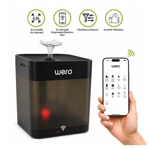 Wero Akıllı Kedi Köpek Su Şelalesi WiFi UV Otomatik Su Pınarı 2,2 lt Siyah