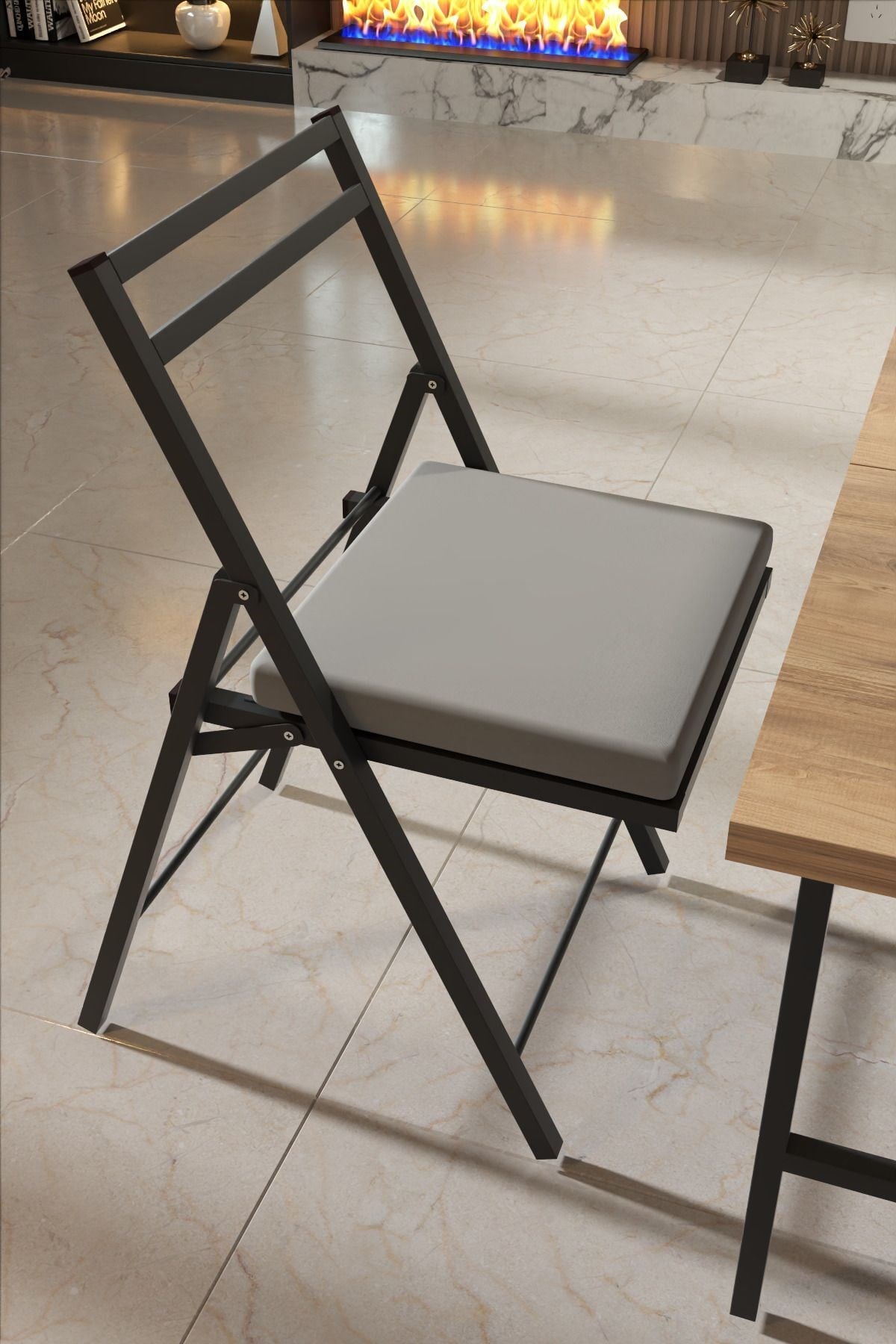 2 Adet Katlanır Siyah Metal Sandalye Minderli Bistro Sandalye 20242s
