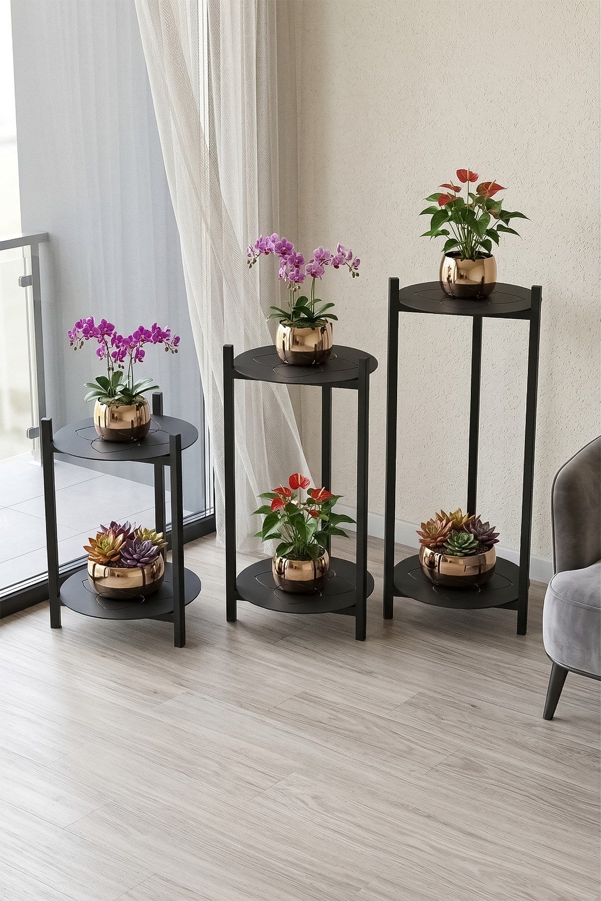 3 BOY METAL TEPSİLİ ÇİÇEKLİK, ÇİÇEK RAFI 1494