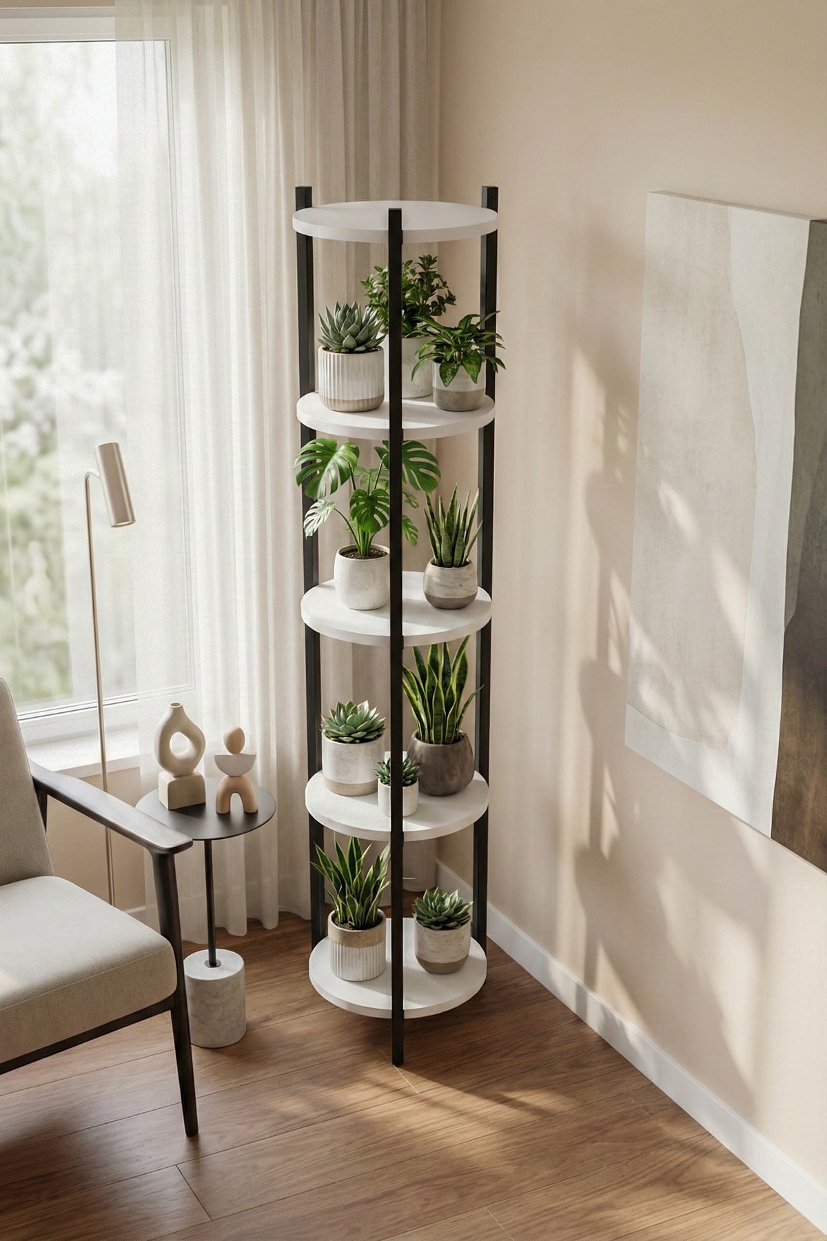 5 KAT YUVARLAK BEYAZ ÇİÇEK RAFI, SALON RAFI, 5405