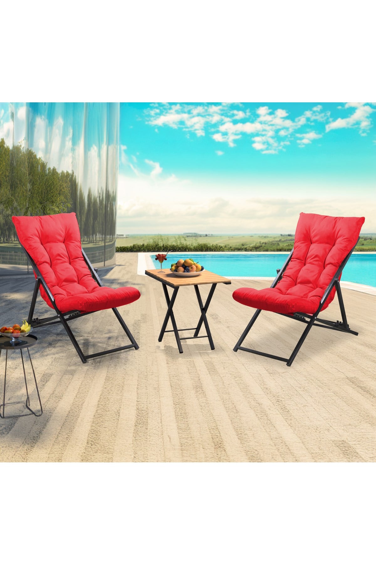 RETODESİGN 2 Lİ SEHPALI METAL KIRMIZI ŞEZLONG TAKIMI
