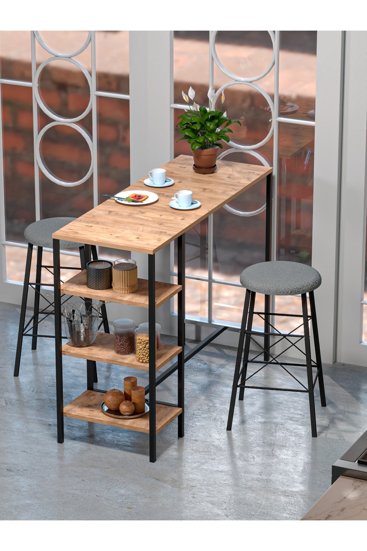 RETODESİGN RAFLI YUVARLAK TABURELİ BAR TAKIMI 4651A