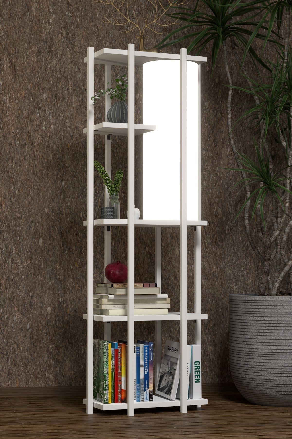 RETOHOME 5 RAFLI LAMBADERLİ KİTAP RAFI.,KİTAPLIKLI LAMBADER BEYAZ