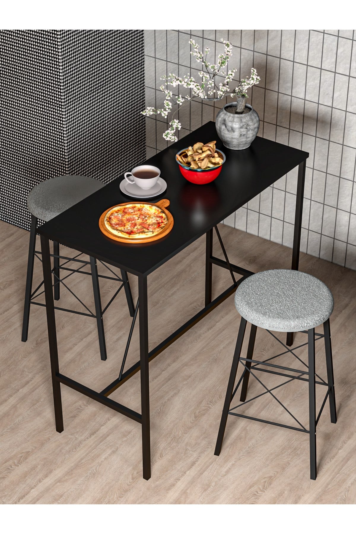 SİYAH YUVARLAK TABURELİ BAR TAKIMI 3655